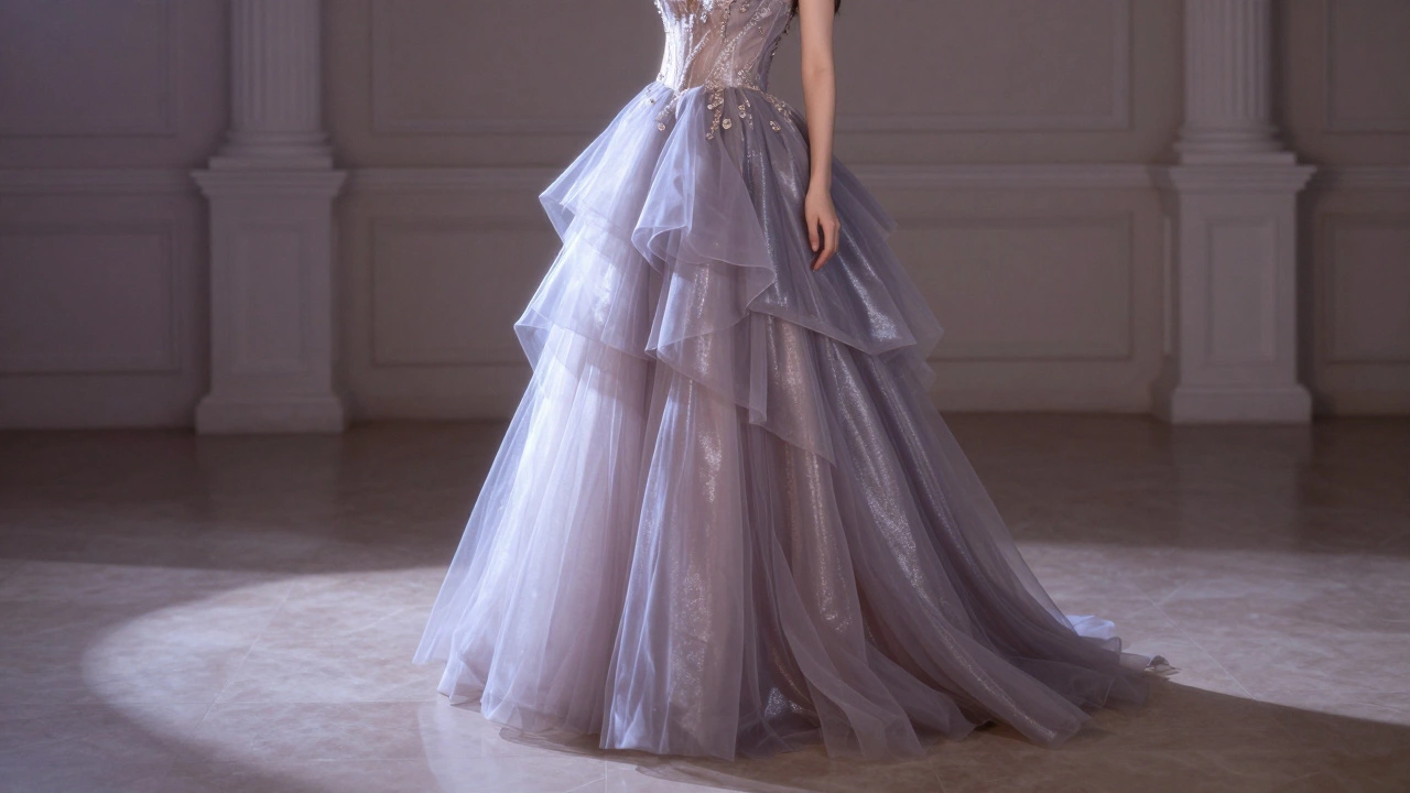 Девушка в многослойном тюлевом платье серебристо-сиреневого цвета под лунным светом.