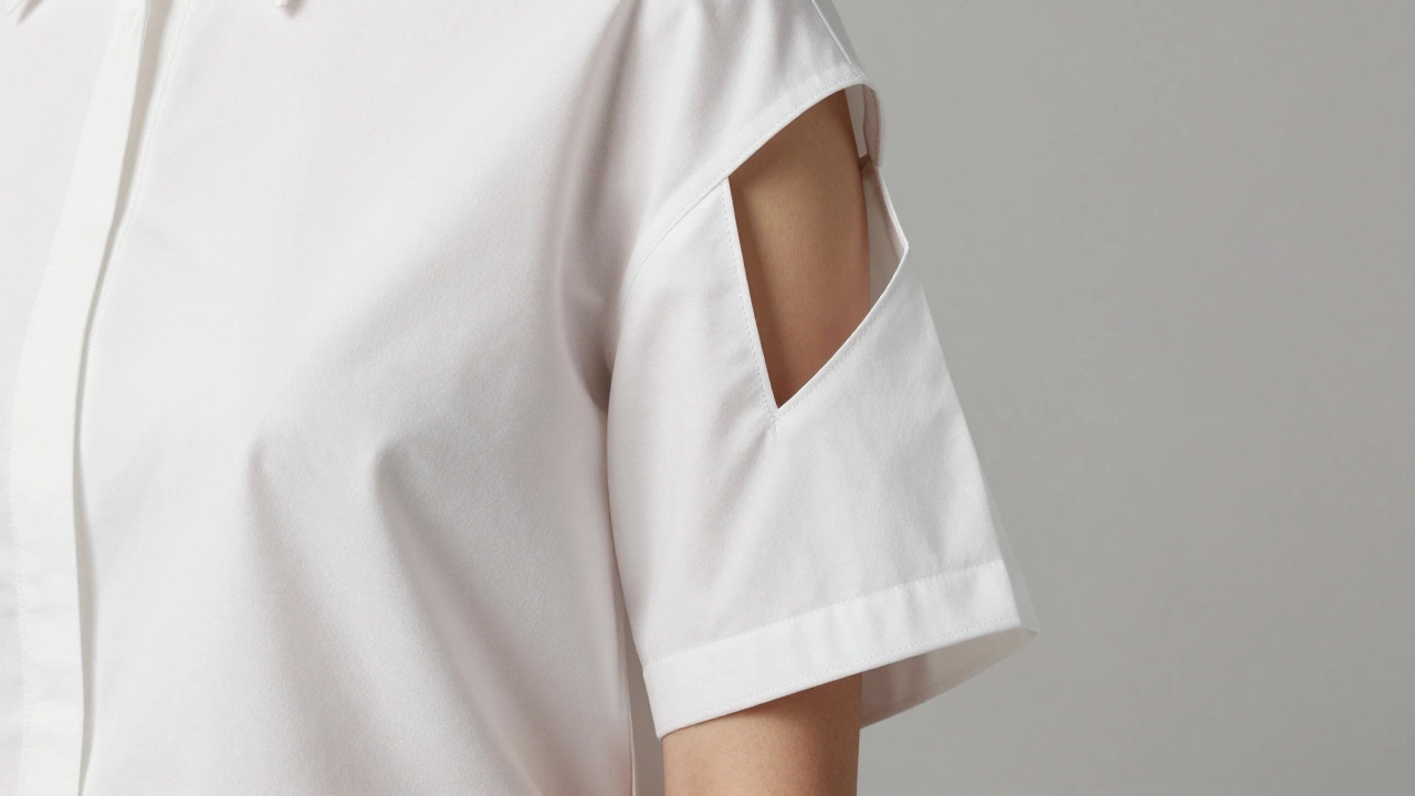 Крупный план асимметричного кроя рукава с вырезами на плече