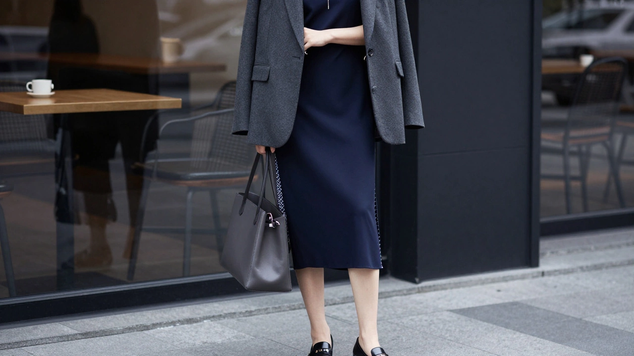 Модель в темном платье с жакетом и квадратной обувью