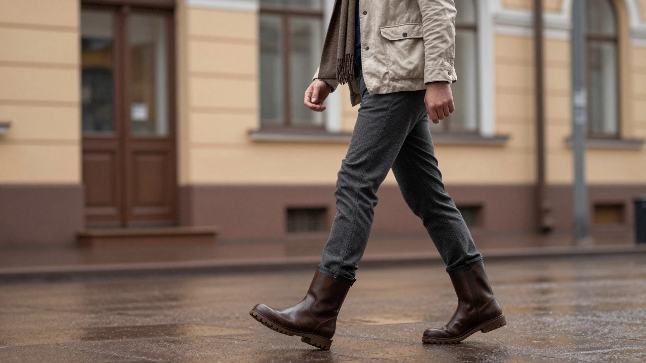 Мужчина идет по мокрой улице Санкт-Петербурга в весенний день, одетый в ботинки и пиджак без воротника.