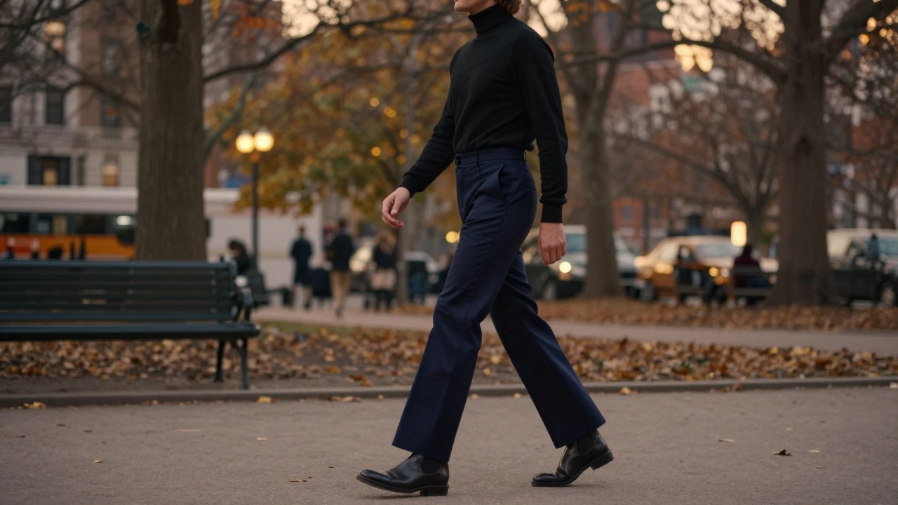 Мужчина в клеш-брюках с кожаными ботинками прогуливается в парке на закате