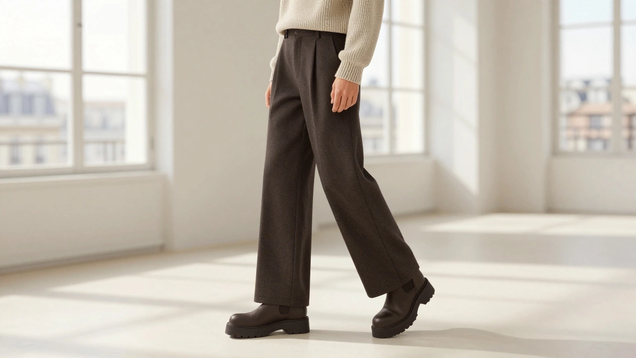 Мужчина в широких брюках с укороченным свитером в минималистичном интерьере