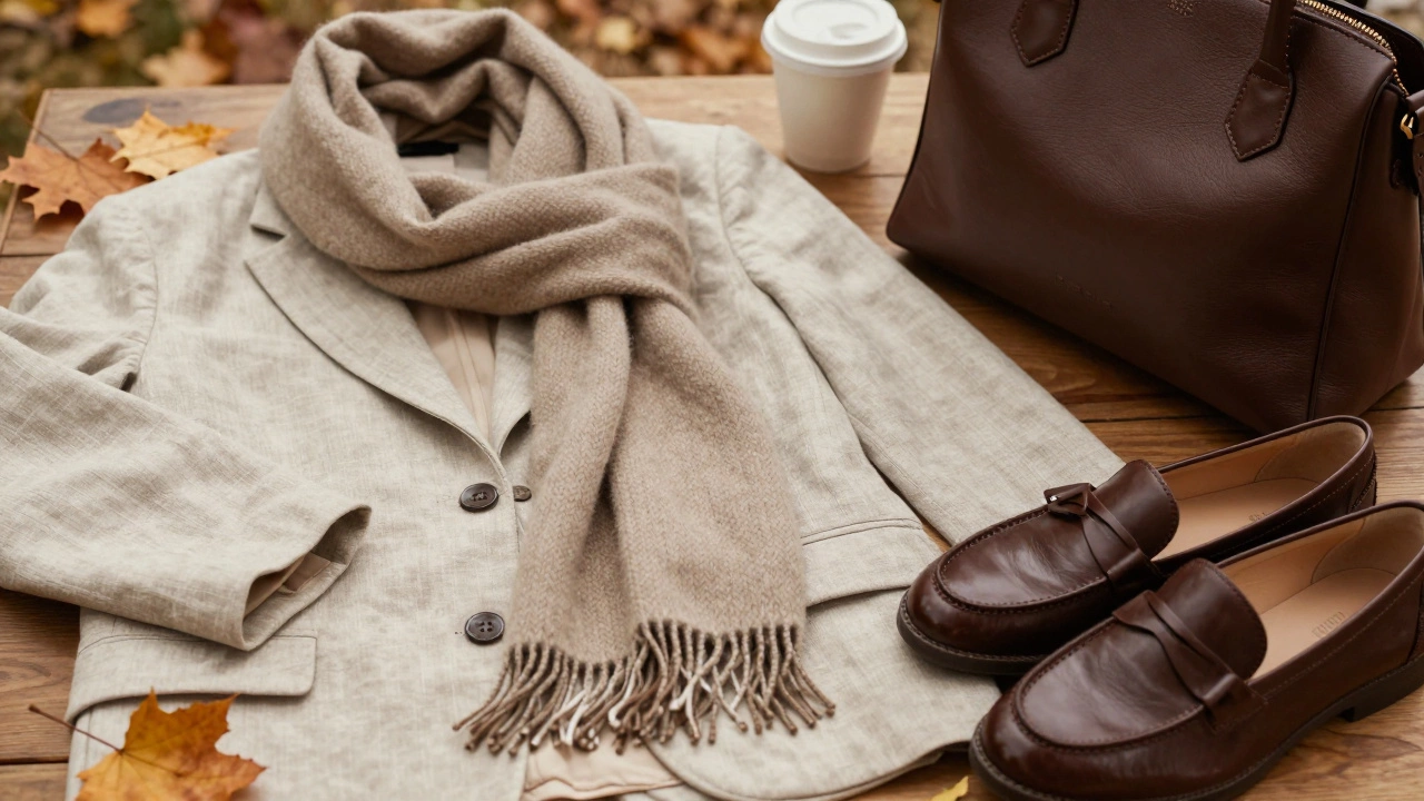 На деревянном столе лежат льняной жакет, шарф из мериноса, обувь-лоферы и сумка без логотипов.