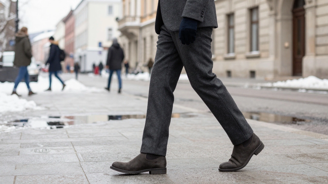 Ноги мужчины в брюках и ботинках на улице