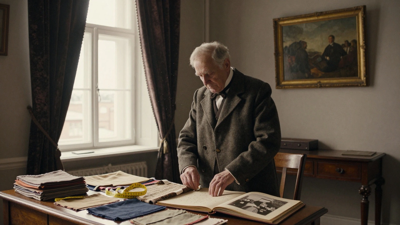 Старый аристократ складывает ручную шерстяную одежду в уютном петербургском доме, вокруг — ткани и семейные фотографии.