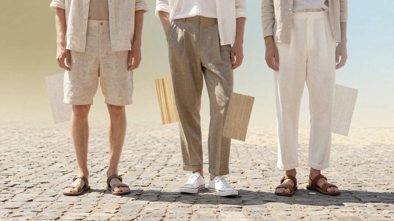 Три силуэта в летней одежде с текстурами тканей: лён, поплин и бамбук, на солнечной дорожке, минималистичный стиль.