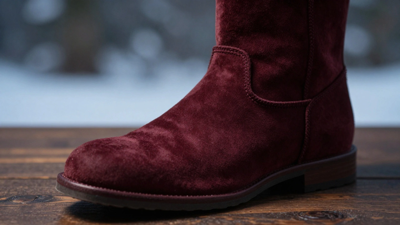 Замшевый сапог с миндалевидным носом при свете