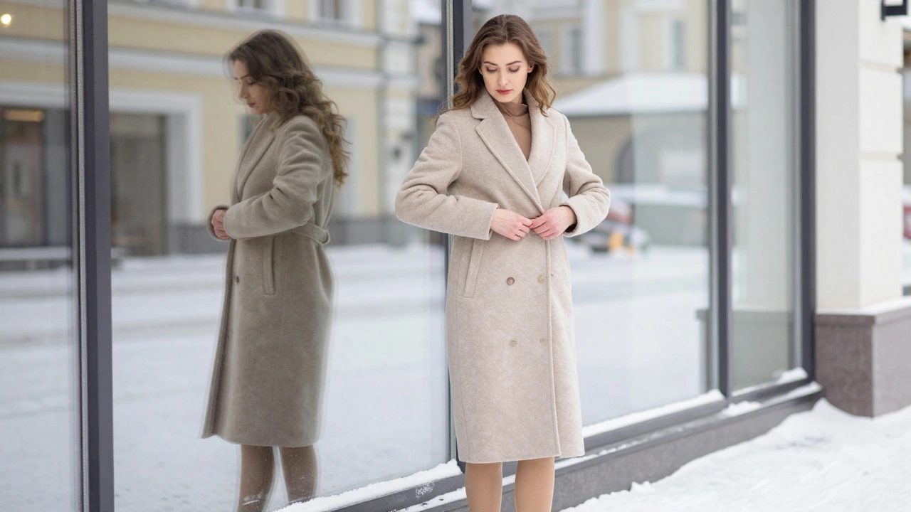 Женщина с фигурой «груша» в длинном зауженном пуховике с V-образным вырезом смотрит в отражение окна.