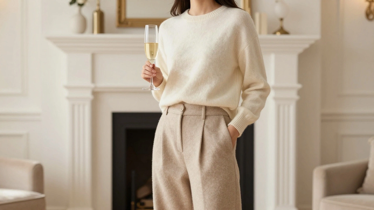 Элегантный бежевый монохромный образ в уютной гостиной в стиле тихой роскоши