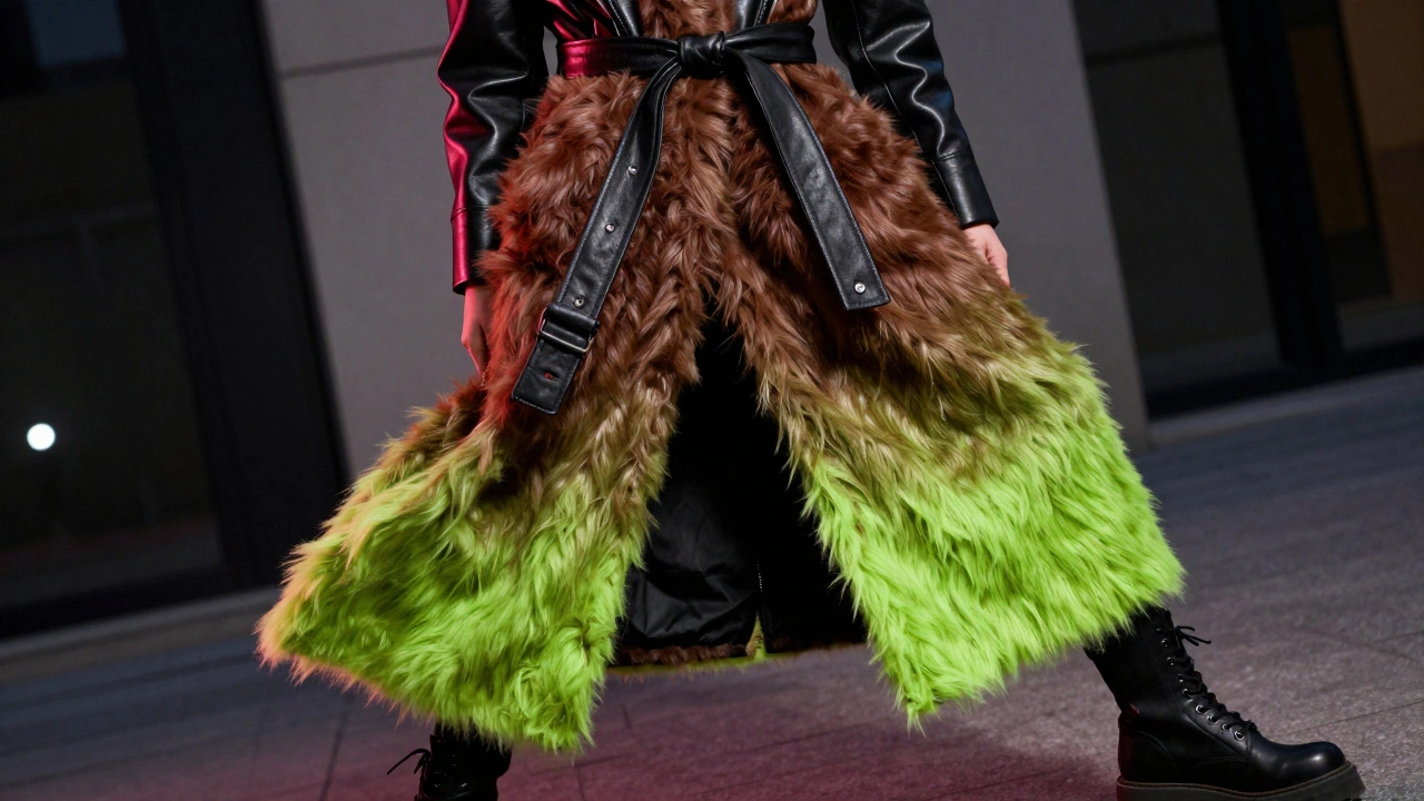 Фактурный мохерный шарф с градиентом, зафиксированный ремнем поверх куртки