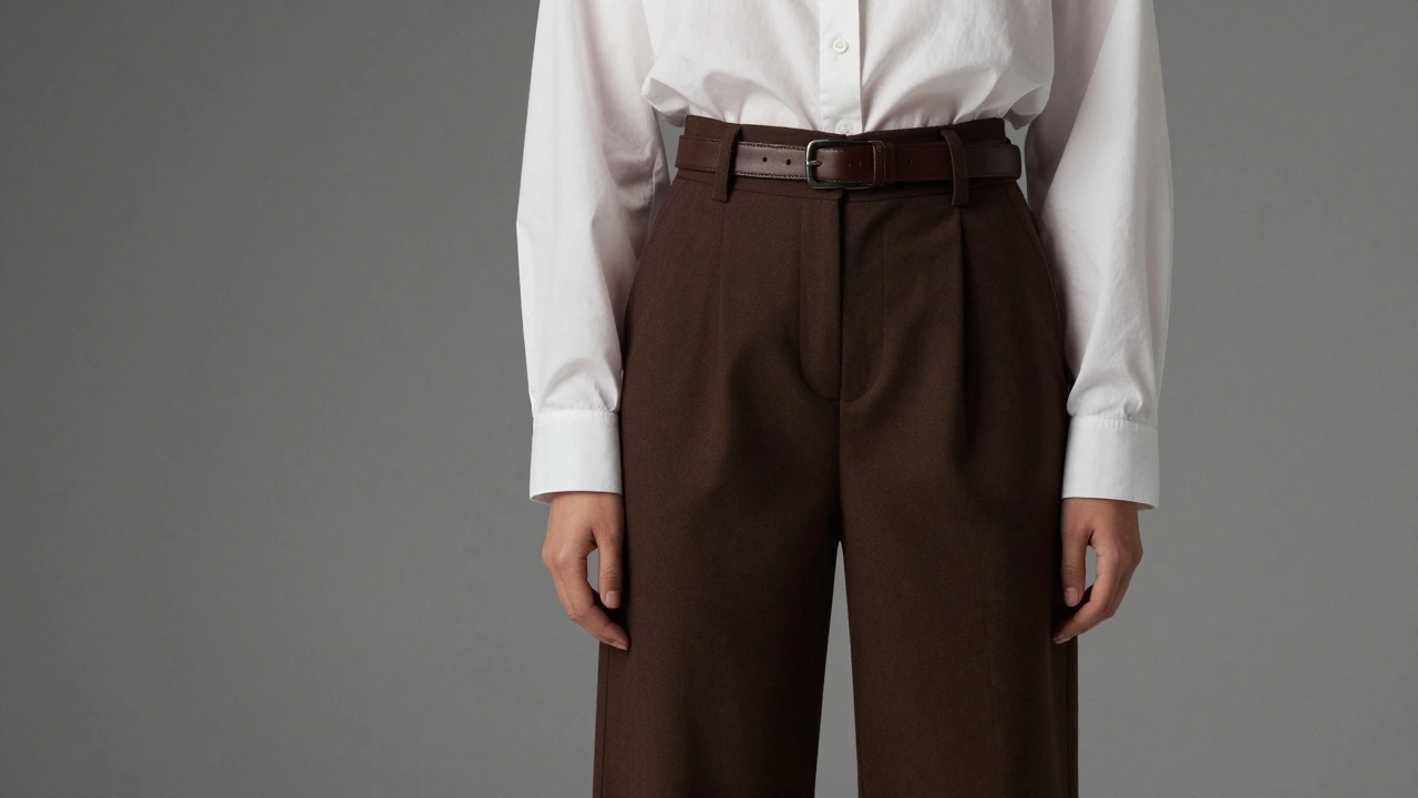 Классические коричневые брюки с высокой талией и объемной белой рубашкой в офисном стиле