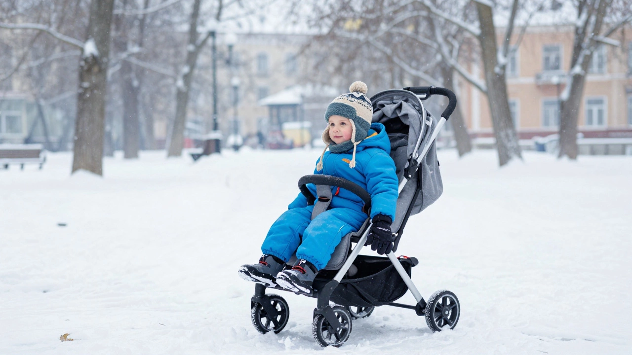 Малыш в теплом зимнем комбинезоне и шапке в заснеженном парке