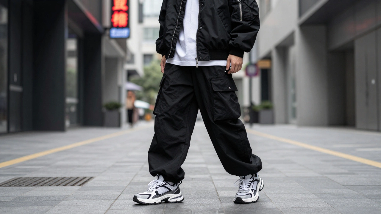 Молодой человек в оверсайз бомбере, карго-брюках и массивных кроссовках