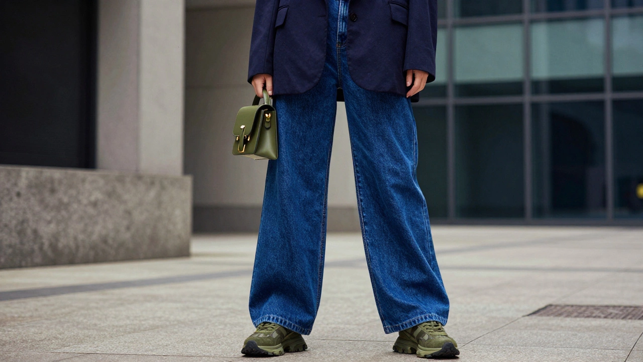 Молодой человек в широких джинсах, оверсайз пиджаке и массивных кроссовках