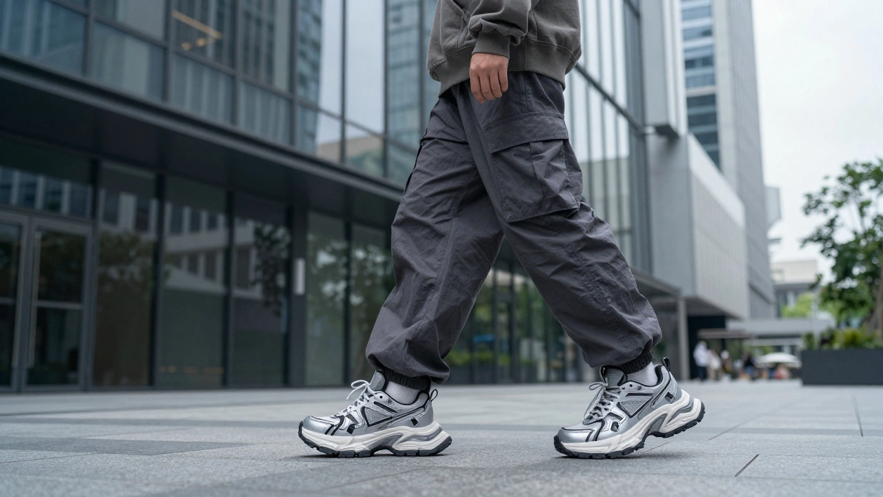 Мужчина в массивных серых кроссовках, оверсайз худи и брюках-карго в городе