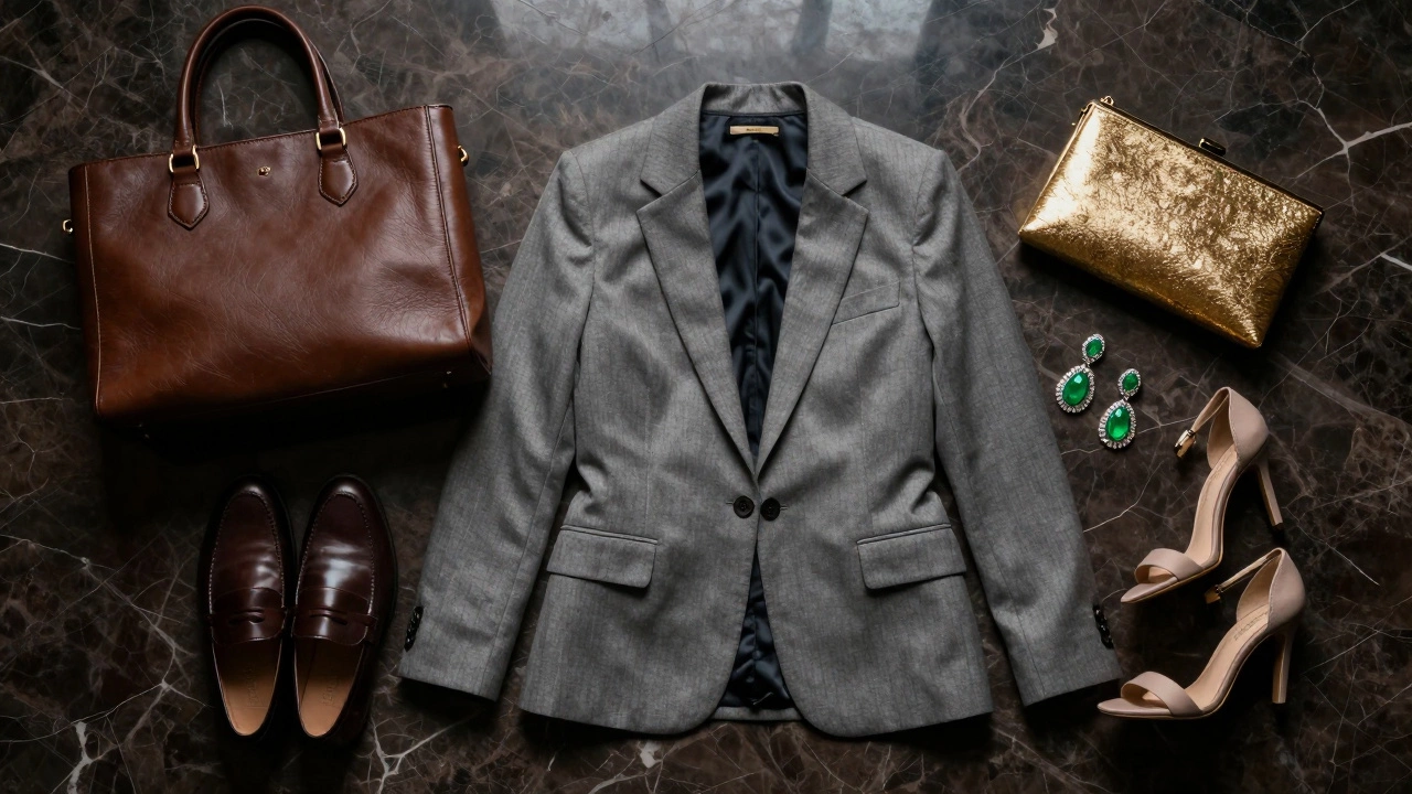 Набор аксессуаров для трансформации серого офисного костюма в вечерний образ.