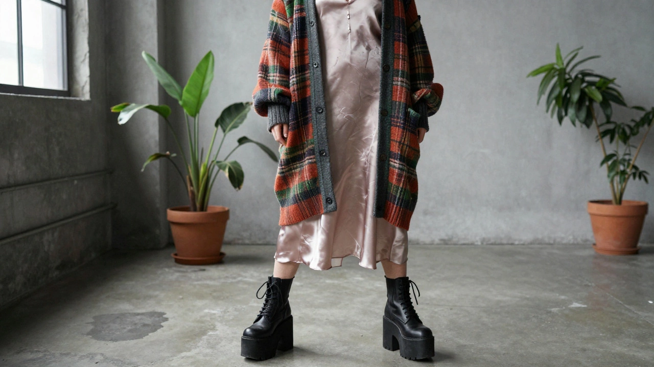 Смесь стиля гранж и эко-моды: клетчатый кардиган, шелковое платье и грубые ботинки