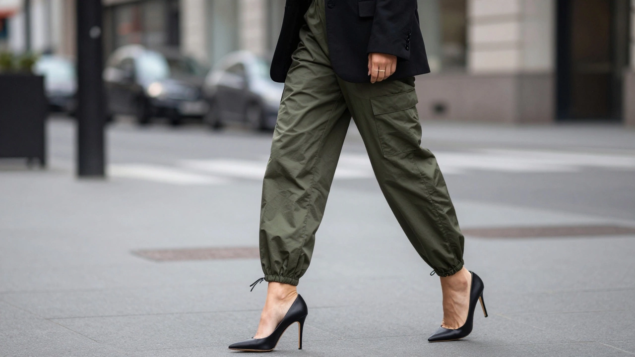 Стильный образ с зелеными брюками-парашютами, черным жакетом и изящными каблуками на улице