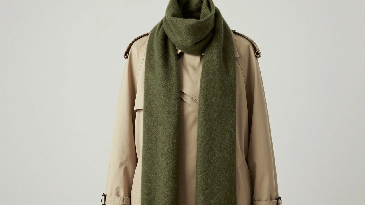 Тонкий оливковый кашемировый шарф в стиле минимализма с тренчем