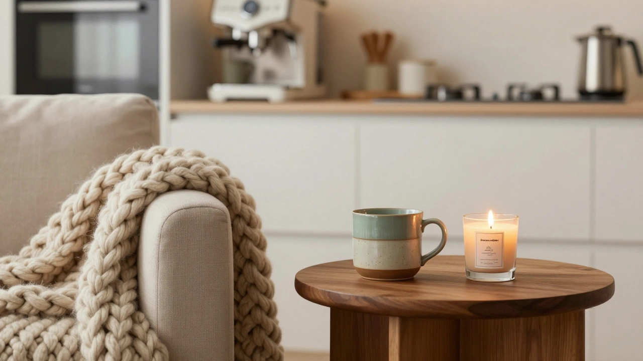 Уютный домашний интерьер с вязаным пледом, керамикой и ароматической свечой