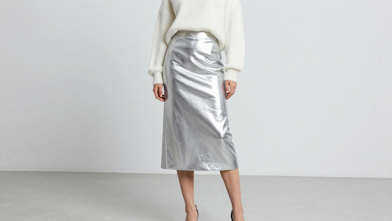 Женщина в серебристой юбке-миди и белом кашемировом свитере в современном стиле