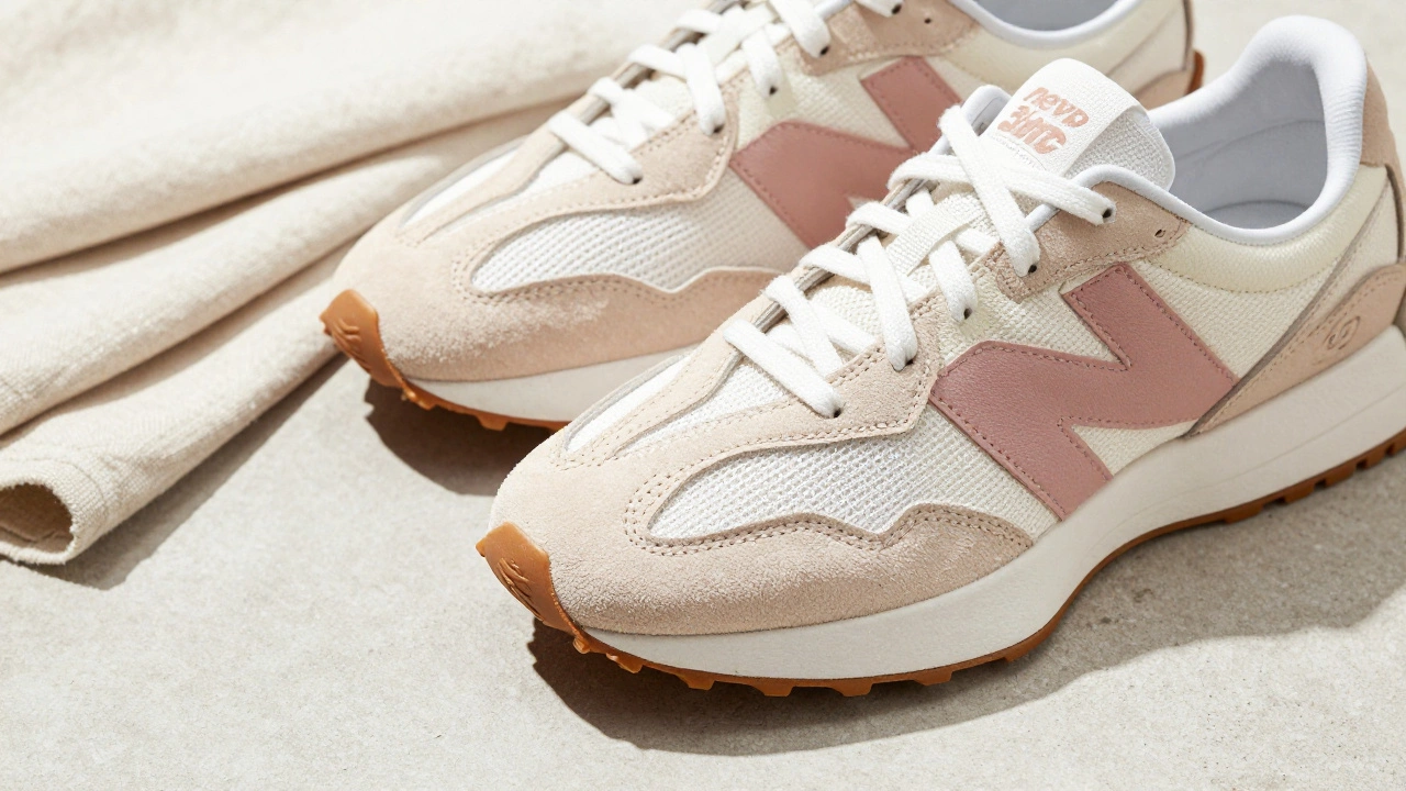 Кроссовки New Balance 327 нюдовых оттенков рядом со льняной тканью на светлом фоне