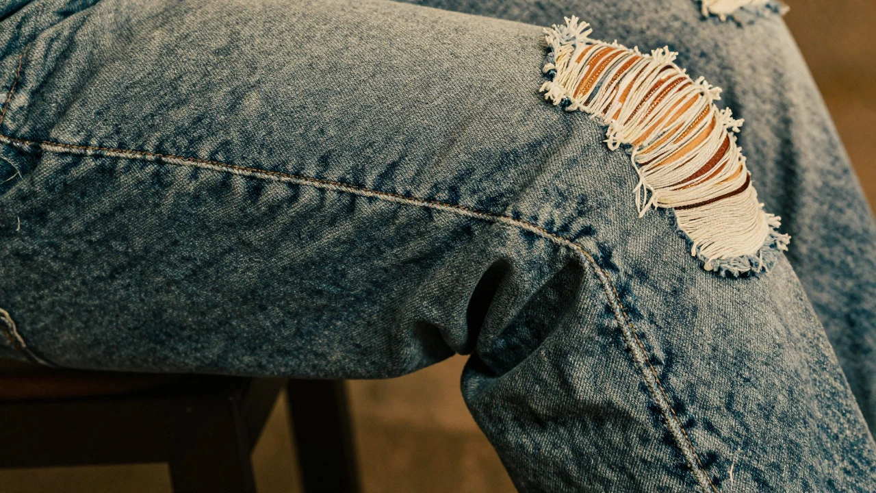 Детали винтажного денима с потертостями и нашивкой