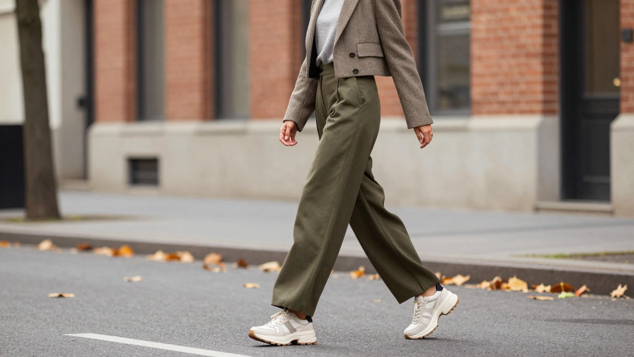 Женщина в стиле smart casual гуляет по осеннему городу