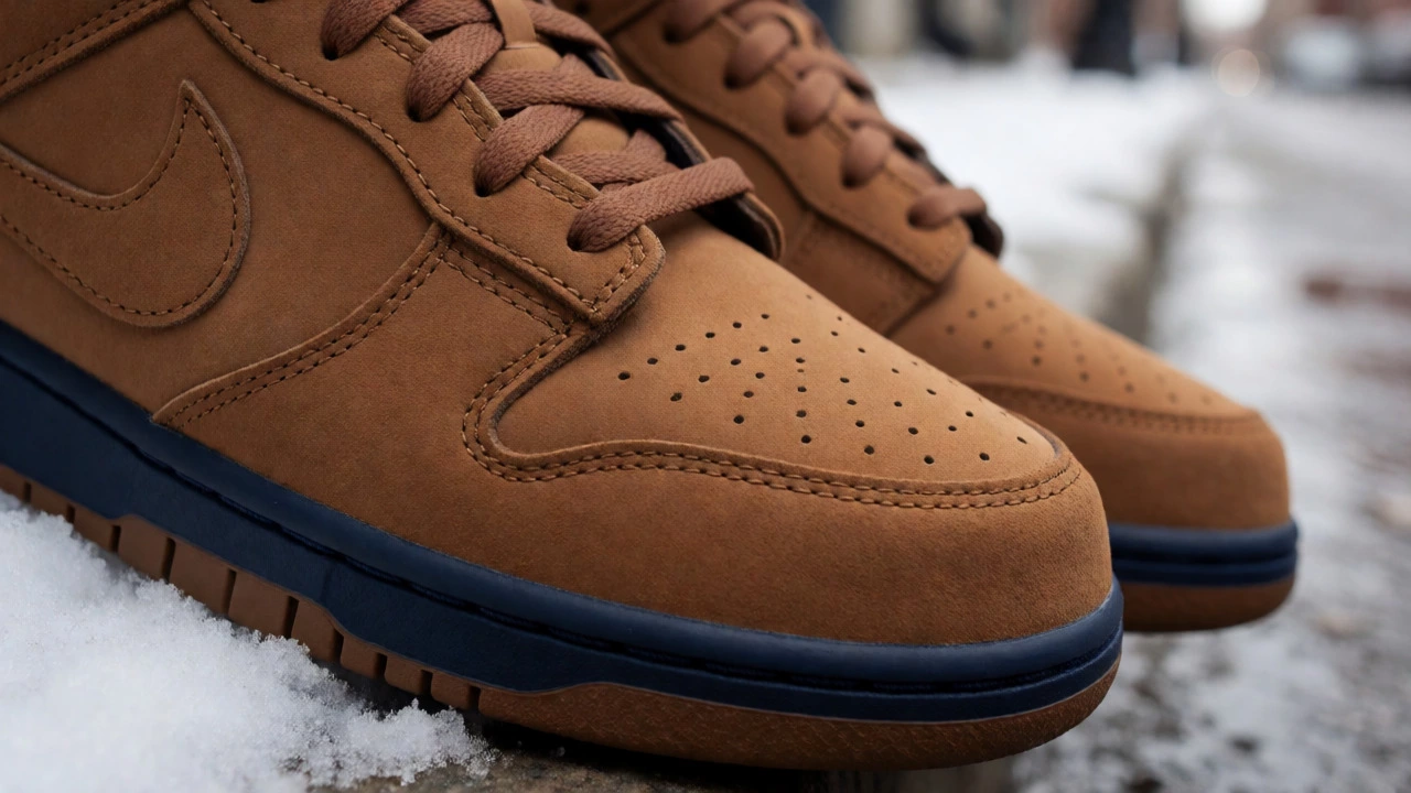 Кожаные Nike Dunk Low на снегу крупным планом
