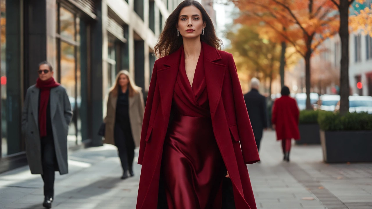 Уверенная женщина в вишневом пальто и платье на городской улице
